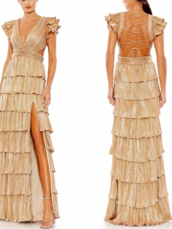 Mac Duggal Dresses & Skirts - Mac Duggal Gold Tiered Ruffle Lace-Back Evening Gown